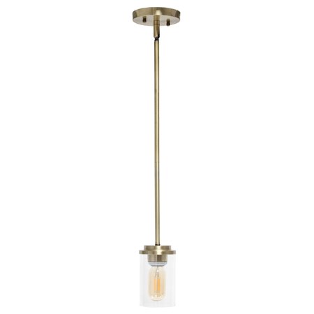 LALIA HOME 1-Light 5.75" Industrial Farmhouse Adjustable Hanging Clear Cylinder Glass Pendant, Antique Brass LHP-3011-AB